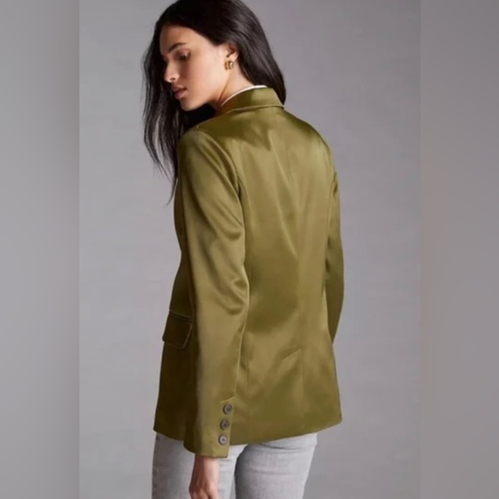 Anthropologie Aves les filles satin effect olive green blazer jacket size medium - Picture 5 of 14